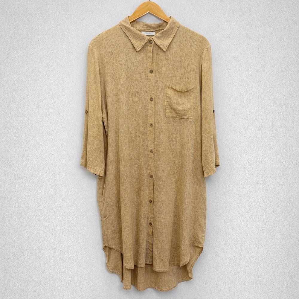 Italian Linen Lagenlook Tunic Shirt Dress Womens Oversized M Neutral Pockets